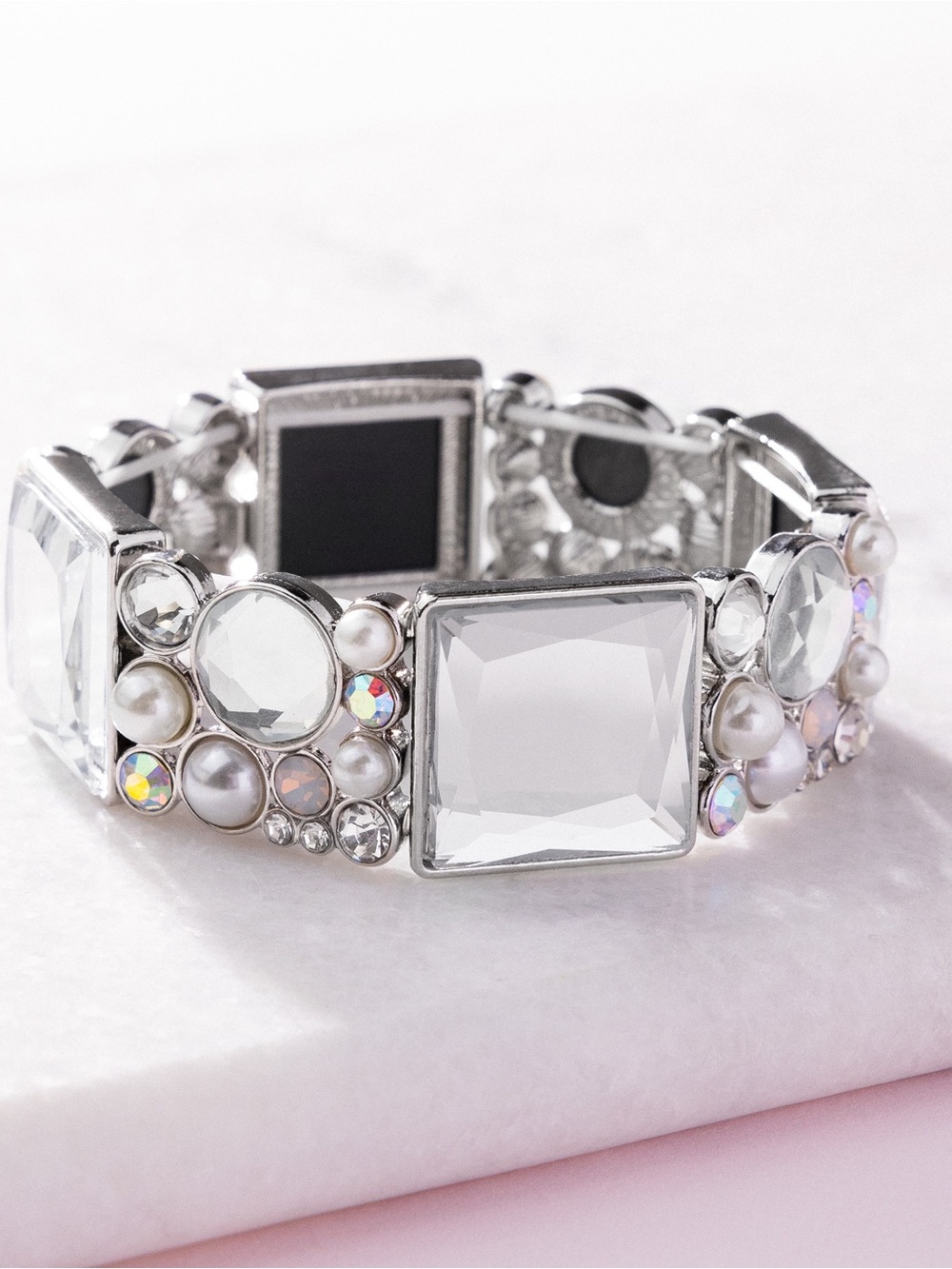 Silver Crystal & Pearl Stretch Bracelet